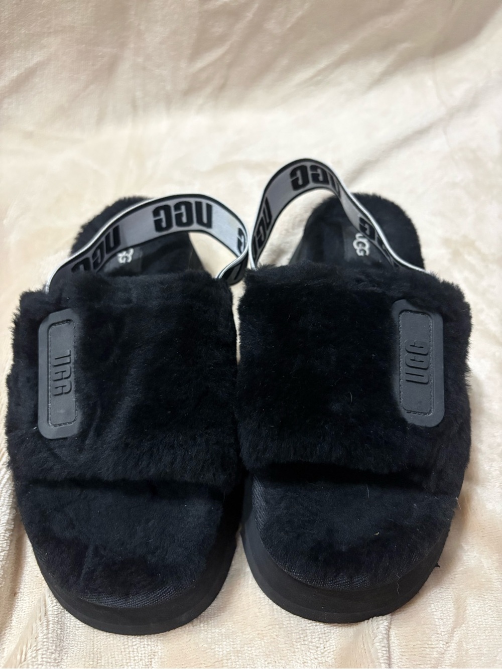 UGG Kids Black Fluff Slide with Logo Heel Strap